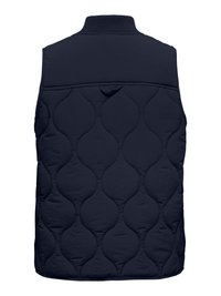 Veste matelassée sans manches bleu marine avec col montant et motif de couture ovale à l'arrière.