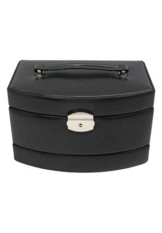 Boîte à bijoux noire avec une forme incurvée, fermoir en argent et une poignée supérieure. Extérieur en simili cuir lisse et deux compartiments à l'intérieur.