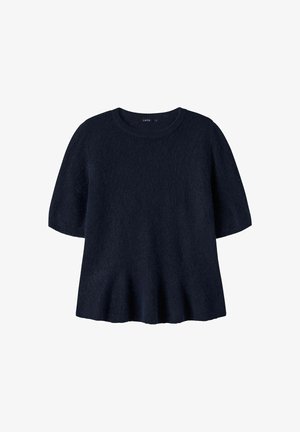 Sort kortærmet striktrøje med rund hals og let udvidet kant.