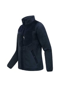 Giacca in fleece blu navy con colletto alto, frontale testurizzato, dettagli in corduroy, tasca con zip e chiusura a pressione. Presenta maniche lunghe.