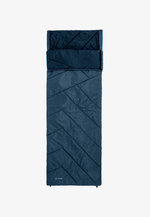 Navy blue sleeping bag with diagonal quilted pattern, zipper closure, and contrasting inner lining. Lightweight, compact design for outdoor use.