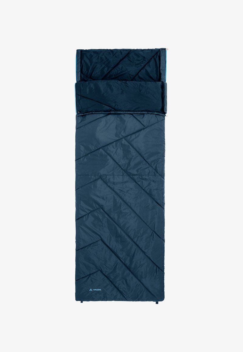 Sacco a pelo blu navy con motivo trapuntato diagonale, chiusura con cerniera e fodera interna in contrasto. Design leggero e compatto per uso all'aperto.