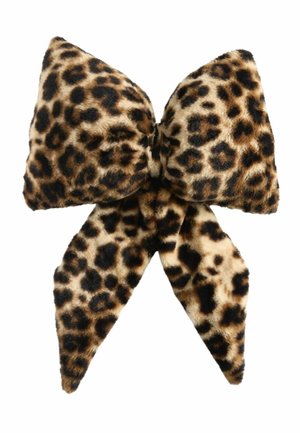 Large fuzzy bow with brown and black leopard print pattern on a white background.