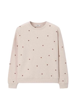 Sweat-shirt beige clair à manches longues avec petits motifs de cœurs marron répartis uniformément sur le devant, les manches et la zone de la poitrine.