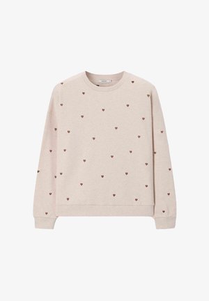 Sweat-shirt beige clair à manches longues avec petits motifs de cœurs marron répartis uniformément sur le devant, les manches et la zone de la poitrine.