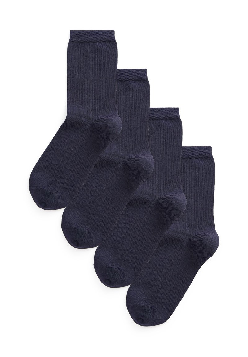 Fyra par marinblå strumpor tillverkade av ett glatt material. Har en ribbad mudd och en sömlös tådesign för komfort.