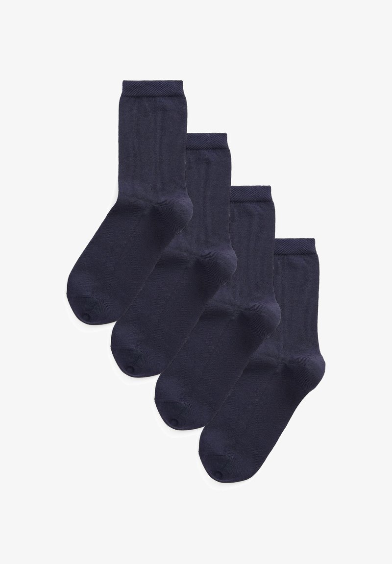 Fire par navy blå sokker lavet af et glat materiale. Har ribbet kant og sømløs tådesign for komfort.