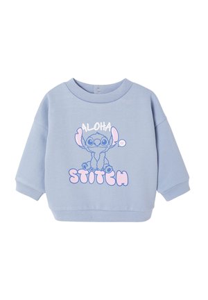 Light blue sweatshirt featuring a graphic of a cartoon character with prominent ears, and text "ALOHA" above and "STITCH" below in pink.