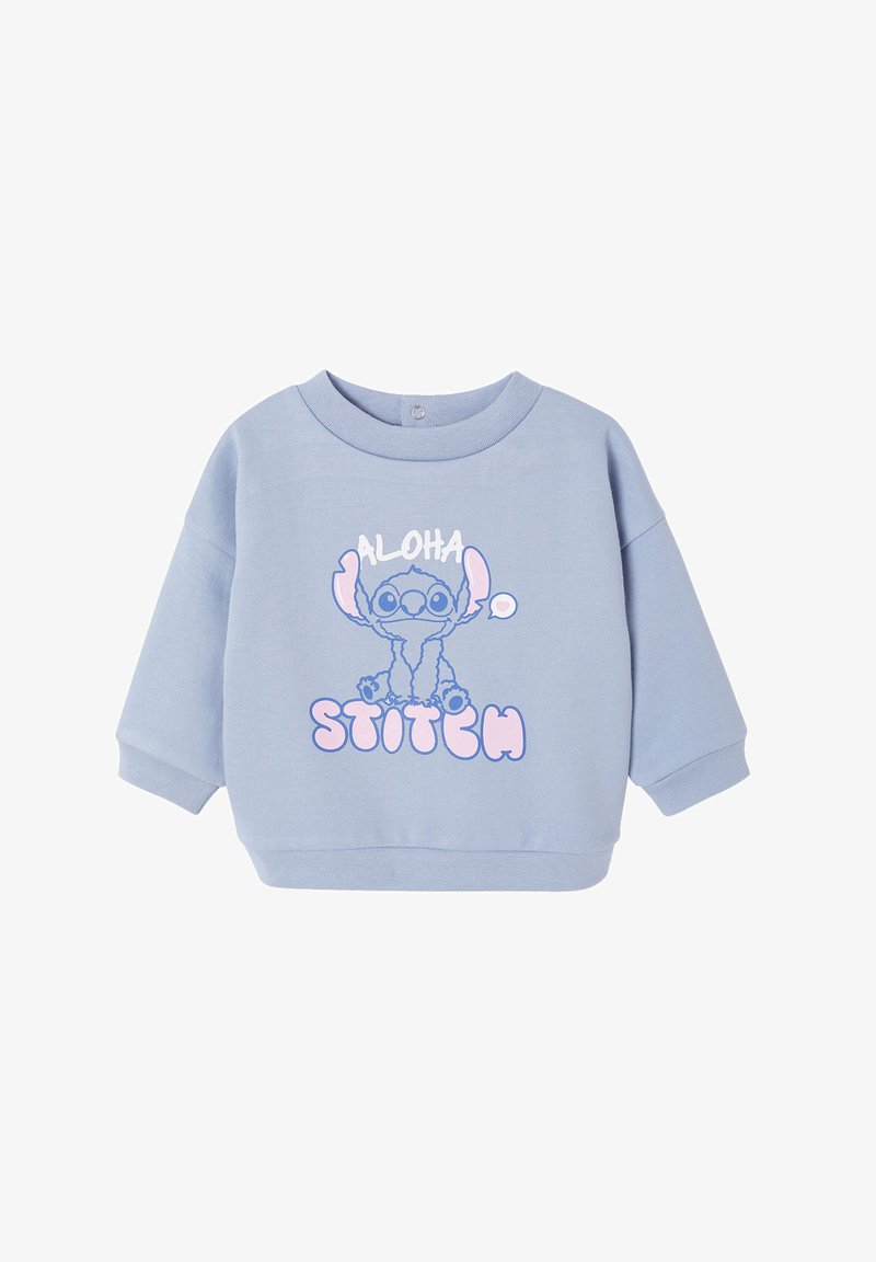 Light blue sweatshirt featuring a graphic of a cartoon character with prominent ears, and text "ALOHA" above and "STITCH" below in pink.