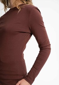 Braunes Langarmtop aus einem glatten, dehnbaren Stoff. Verfügt über einen runden Ausschnitt und eine figurbetonte Silhouette, mit nahtlosen Schulterdetails.