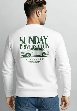 White sweatshirt featuring "SUNDAY DRIVERS CLUB" in green font. Includes a vintage car graphic and "NEVERLESS" branding below.