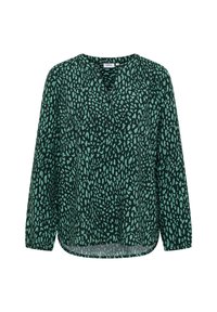 Groene blouse met een gedurfd, onregelmatig teal patroon, V-hals en lange mouwen. Lichtgewicht stof met een ontspannen pasvorm en afgeronde zoom.