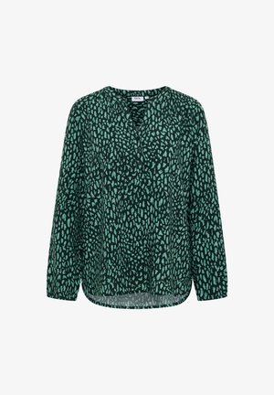 Groene blouse met een gedurfd, onregelmatig teal patroon, V-hals en lange mouwen. Lichtgewicht stof met een ontspannen pasvorm en afgeronde zoom.