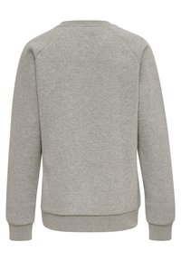 Szara bluza z okrągłym dekoltem, raglanowymi rękawami i ściągaczami. Miękka tekstura o gładkim wykończeniu; widok z tyłu nie zawiera grafik ani ozdób.