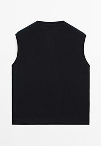 Top senza maniche di colore nero, con texture a costine e scollatura rotonda. Il retro presenta una finitura liscia senza ulteriori dettagli.