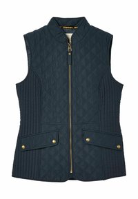 Tengerész kézzel tűzött mellény magas gallérral, elülső cipzárral és arany kiegészítőkkel. Gyémántmintás, és két elülső zsebe van, amelyek patenttal záródnak.