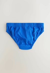 Kék pamut bikini alsó, rugalmas derékpánttal és varrott élekkel, puha textúrával és egyszerű dizájnnal.