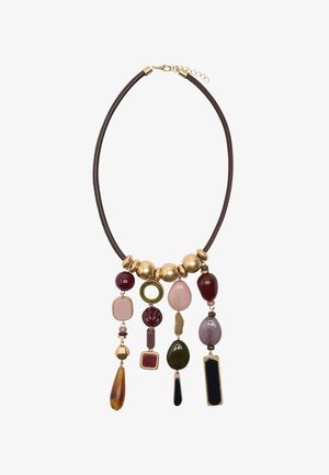 Naszyjnik z wielokolorowych koralików z elementami w kolorze różowym, burgundowym, zielonym i czarnym, z złotymi akcentami, na brązowym sznurku z zapięciem na homara.