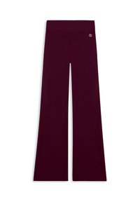 Pantaloni larghi bordeaux realizzati in tessuto elasticizzato, con una vita liscia e un piccolo dettaglio del logo vicino alla vita.