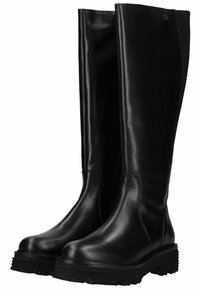 Schwarze, kniebhohe Lederstiefel mit glattem Finish, dicker Gummisohle und elastischen Seiteneinsätzen für einfaches An- und Ausziehen. Minimale Markenkennzeichnung.