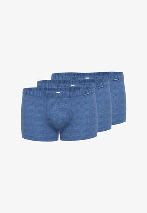 Blaue gestreifte Baumwoll-Boxershorts mit horizontalem Streifenmuster, elastischem Bund und einer stützenden Fronttasche. Set aus drei Stück.