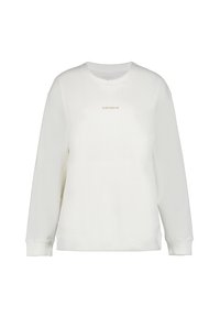 Sudadera blanca de canalé con mangas largas, cuello redondo y un sutil logo dorado en la parte frontal. Textura suave y corte relajado.