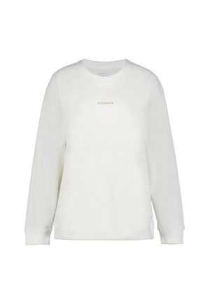 Witte geribde sweatshirt met lange mouwen, ronde halslijn en een subtiel gouden logo op de voorkant. Zachte textuur en relaxed fit.