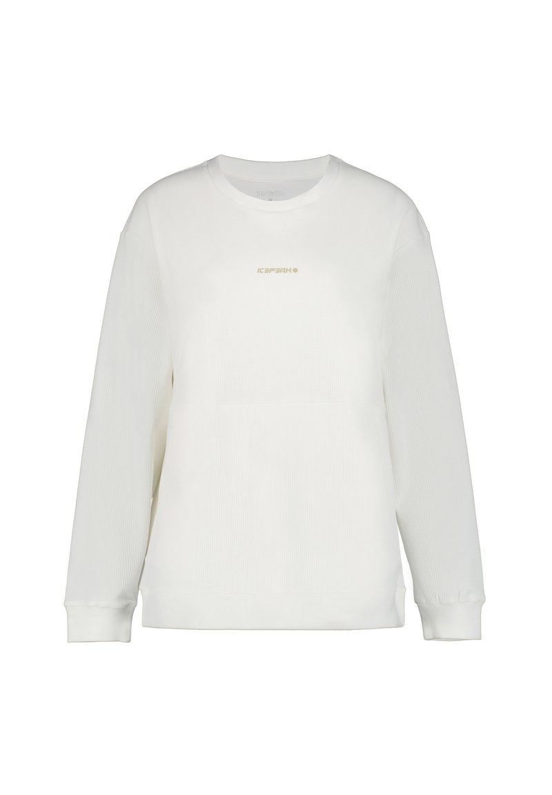 Sudadera blanca de canalé con mangas largas, cuello redondo y un sutil logo dorado en la parte frontal. Textura suave y corte relajado.