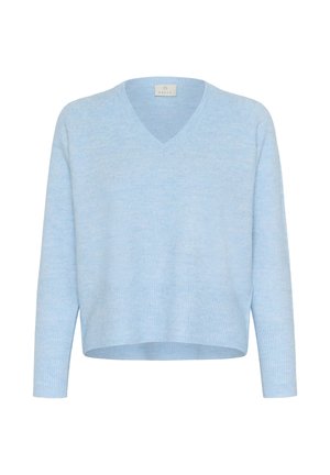 Lichtblauwe gebreide trui met een V-hals, lange mouwen en geribde zoom. Gemaakt van zacht materiaal, met een relaxte pasvorm en een gestructureerde afwerking.