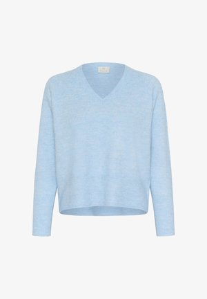 Suéter de punto azul claro con escote en V, mangas largas y borde acanalado. Está hecho de un material suave, con un corte relajado y un acabado texturizado.