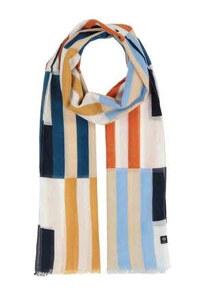 Pikk ristkülikukujuline sall, millel on vertikaalsed triibud merevärvi, sinepikollase, helesinise, oranži ja beeži toonides valgel taustal.