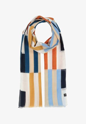 Long rectangular scarf with vertical stripes in navy, mustard, light blue, orange, and beige on a white background.