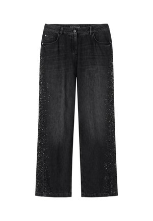 Black wide-leg jeans with silver stud embellishments along outer seams and front pockets, button closure, and belt loops.