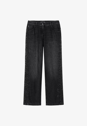 Black wide-leg jeans with silver stud embellishments along outer seams and front pockets, button closure, and belt loops.
