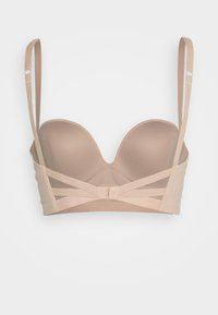 Γυμνός μαλακός μπαλκόν μπρά λιτό με λεία cups, λεπτές ρυθμιζόμενες τιράντες και διαγώνιες λεπτομέρειες στη ζώνη. Ευέλικτη υποστήριξη με καλώδιο.