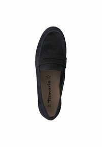 Dunkelblaue Wildleder Schlupfschuhe mit flacher Sohle, runder Zehenform und dekorativem Riemen über dem Obermaterial. Größe 37 innen markiert.