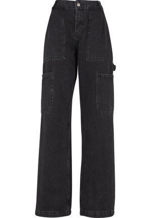 Zwarte denim cargobroek met wijde pijpen, meerdere patchzakken en een hoge taille. Beschikt over een knoopsluiting en stevige stiksels.