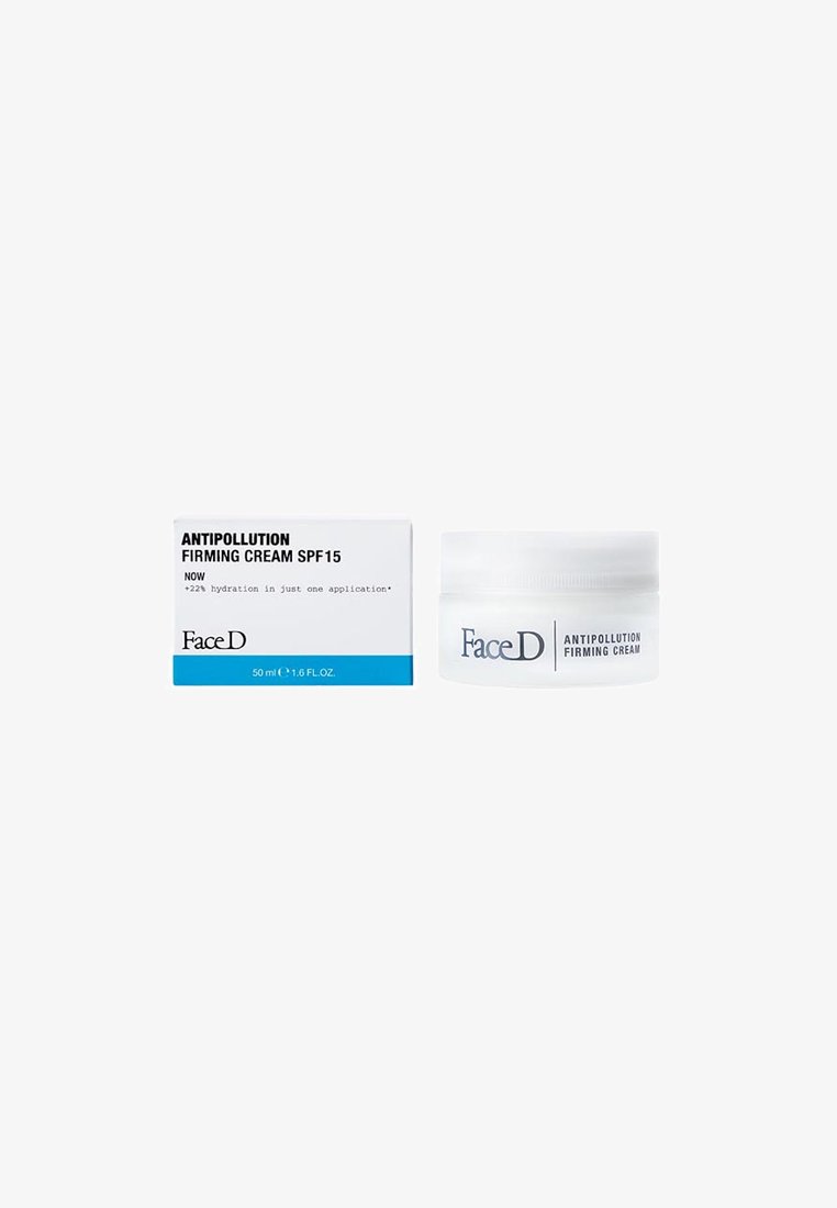 Crema rassodante antipolluzione in un barattolo bianco con testo grigio, accompagnata da una scatola rettangolare con accenti neri e blu. 50 ml.