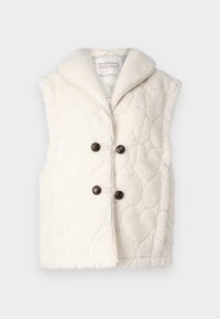 Vadderad krämfärgad väst gjord av plyschmaterial med en sneddad krage, två mörka knappar och subtila hjärtformade mönster.