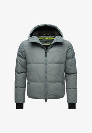 Padded gray jacket with a hood, front zipper, and contrast black cuffs. Features logo detail and a patterned inner lining.