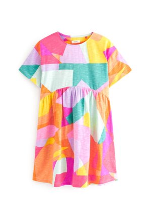Vestido de manga corta con una variedad de patrones geométricos en colores vibrantes: rosa, naranja, verde y morado. Material de algodón suave.