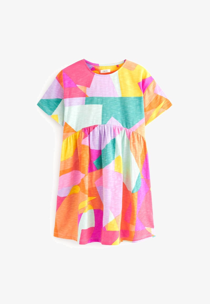 Robe à manches courtes avec une variété de motifs géométriques aux couleurs vives : rose, orange, vert et violet. Matière en coton doux.