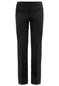Pantalons tailleur noirs avec une texture lisse, coupe droite, poches avant et fermeture à un bouton. Design classique, adapté pour le prêt-à-porter formel.