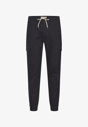 Black cargo pants with elastic cuffs, drawstring waistband, and two side pockets. Made of durable fabric with a smooth texture.