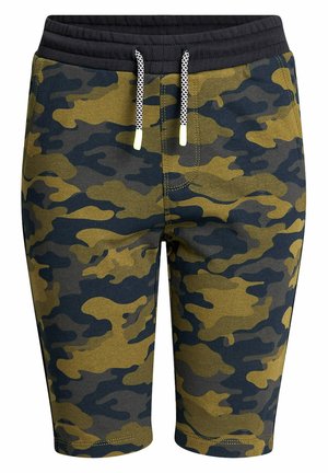 Camouflage-Shorts in Grün- und Schwarztönen, aus Baumwolle gefertigt, mit elastischem Bund und Kordelzug mit gelben Enden.