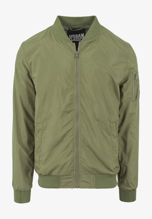 Giacca bomber da uomo verde chiaro con cerniera frontale, collo, polsini e orlo a coste e tasca con cerniera sulla manica sinistra.