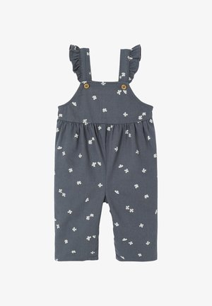 Blue-gray toddler romper with white daisy print, ruffled shoulder straps, and wooden button accents on the chest.
