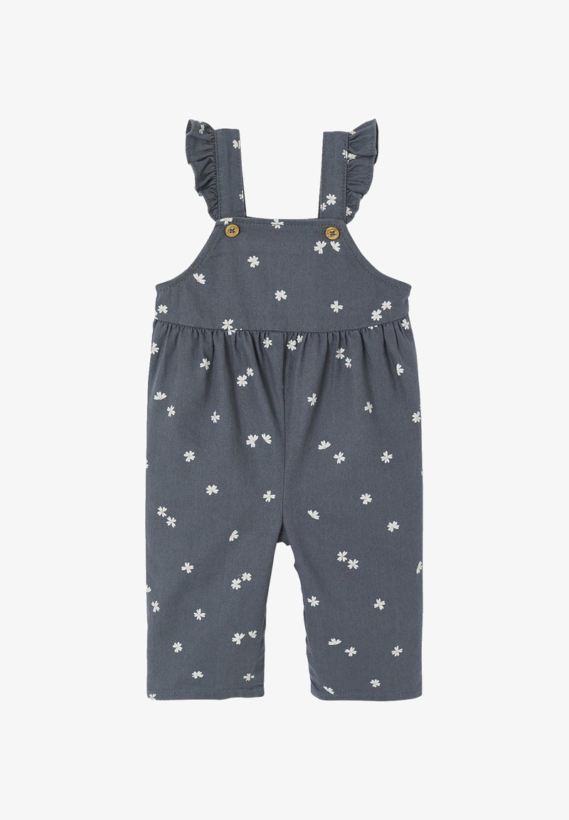 Blau-grauer Kleinkinder-Overall mit weißem Gänseblümchenmuster, Rüschenträgern und Holzknopf-Akzenten auf der Brust.