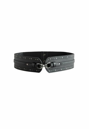 Black wide leather belt with silver studs and a central metal clasp closure on a white background.
