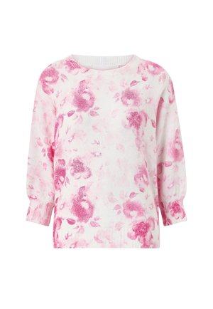 Witte gebreide trui met roze bloemenpatroon, geribbelde manchetten en zoom, met een ronde halslijn en lange mouwen.